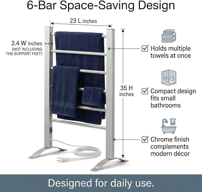 Pursonic TW300 Towel Warmer Rack for Bathroom – 6-Bar Electric Heated Towel Rack, Wall Mounted or Freestanding Setup, Plug-In Towel Dryer, Minimal Assembly Chrome-Plated