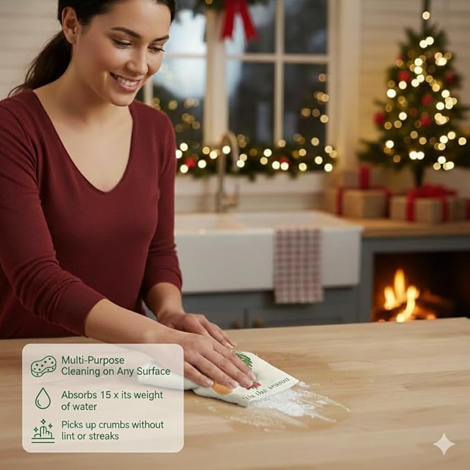 Christmas Holiday Swedish Dishcloth, Reusable Paper Towel, Super Absorbent Cellulose Sponge, Washable Kitchen Cleaning Cloth (Evergreen Holiday - 4 Pack)