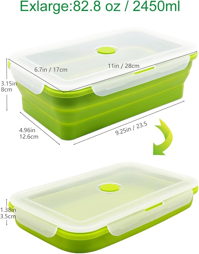 Extra Large Collapsible Silicone Food Storage Containers With Lids, 82.8oz, 2 Pack, XXL Foldable Bento Lunch Box, Rv Collapsible Bowls, Big Meal Boxes for Kitchen, Camping, BPA Free