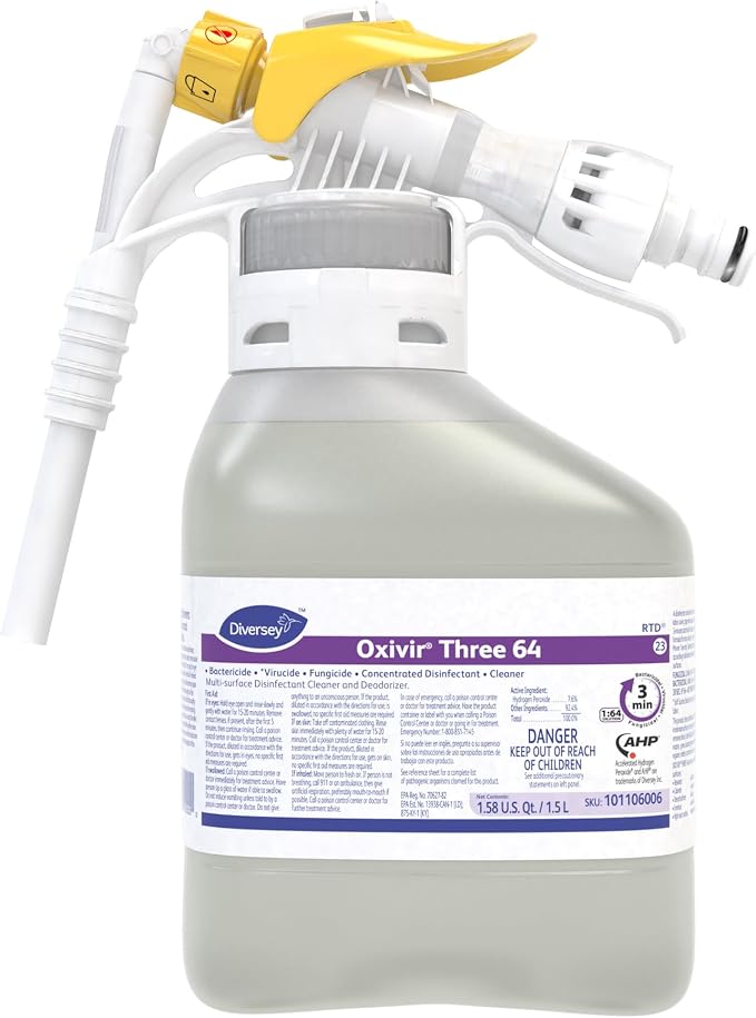 Oxivir Diversey 101106006 Three 64 Disinfectant Cleaner, Multi Purpose Hard Surface Cleaner, Hydrogen Peroxide Based Concentrate, Unscented, Ready-to-Dispense, 1.5-Liter (Pack of 2)