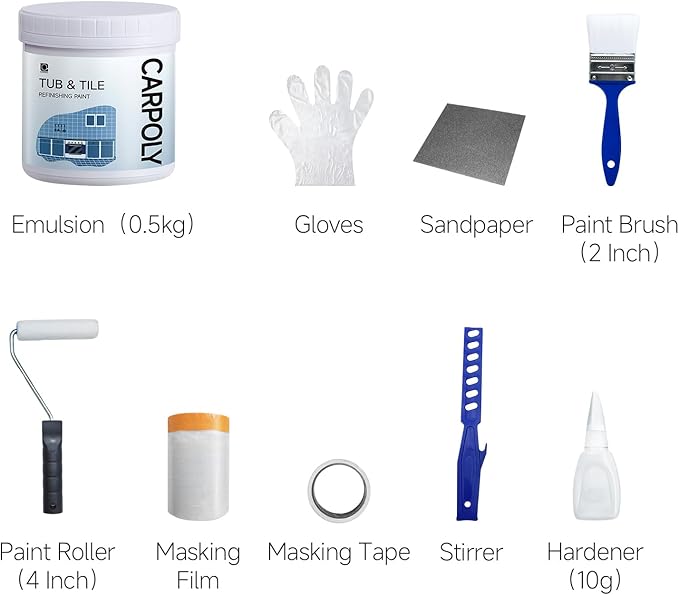 Tub and Tile Refinishing Kit, 17oz White Tile Paint with Tools, Water Based & Low Odor, DIY Bathtub Paint, Easy to Use for Bathroom, Kitchen, Floor,20-30sq.ft(White)
