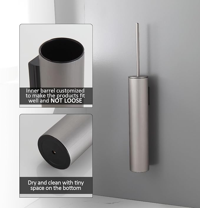 BGL Toilet Brush and Holder Set Brushed Nickel Wall Mounted for Bathroom Round Design