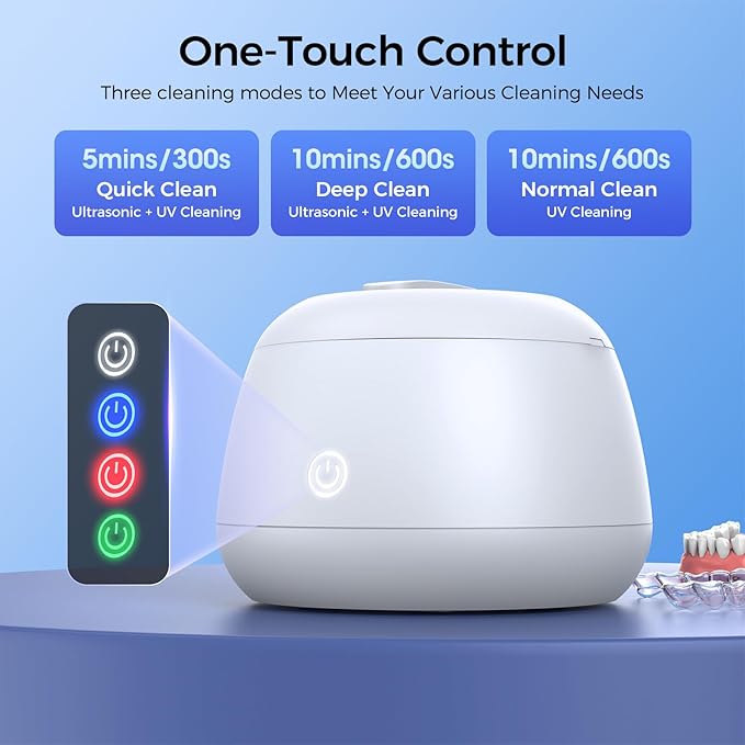 TEBAL Ultrasonic Retainer Cleaner Machine, 52kHz Ultrasonic Denture Cleaner for Night Guards, Braces, Aligner, Toothbrush, Jewelry and More, Dental Cleaning Pod with Digital Timer & 250ML, White