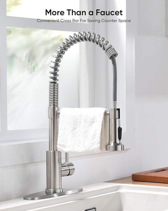 Kitchen Faucets, Brushed Nickel Kitchen Sink Faucet with Pull Down Sprayer Single Handle with Deck Plate Stainless Steel, Suitable for Farmhouse Camper Laundry Rv Bar - OWOFAN 9009SN