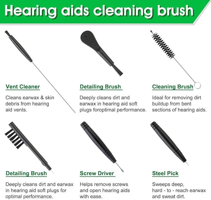 Hearing Aid Cleaning Kit Supplies for Oticon/Phonak/Starkey，Earring Aids Amplifier Cleaner Case Hard Pocket Size Tools，Earing Brushes Kits Accessories in Ear Monitor, & 20 Pcs Oticon Hearing Aid Domes