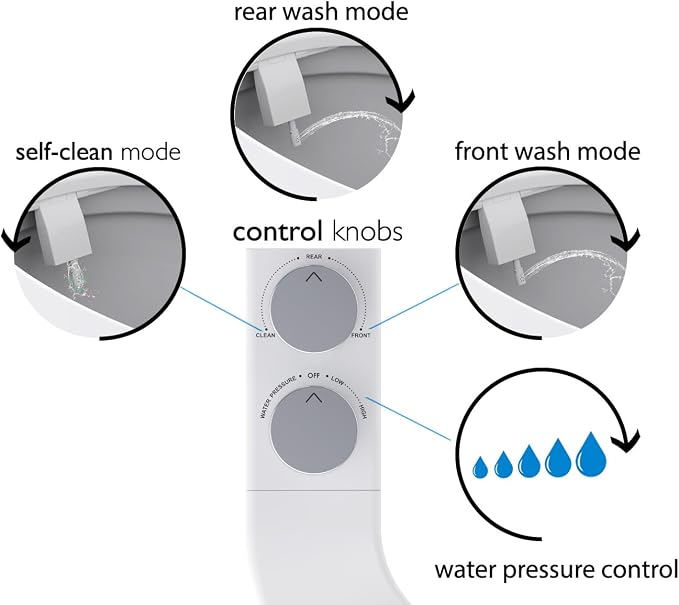 BIDETbidet Left/Right Reversible Fresh Water Deluxe Ultra-Slim Toilet Attachment, Interchangeable Knob Set, Non-Electric with Nozzle Hinged Design, Easy Install, Fits Most Toilets, Off-White