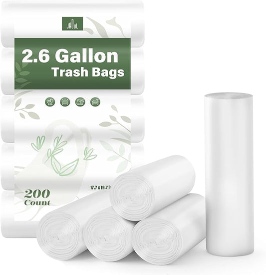 Jaoul Trash Bags 2.6 Gallon, Small Garbage Bags for Bathroom Can, Tear & Leak 2 Gallon Trash Bags, Unscented Bathroom Garbage Bags, White, 200 Counts