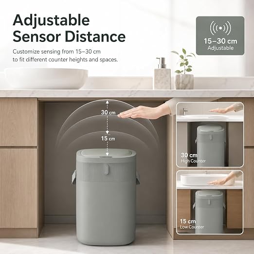 WM-DZT-12-36S Smart Motion Sensor Trash Can, Ultra-Quiet Soft-Close | Long Battery Life | Built-in Bag Storage & Portable PU Handle (Greyish Green)