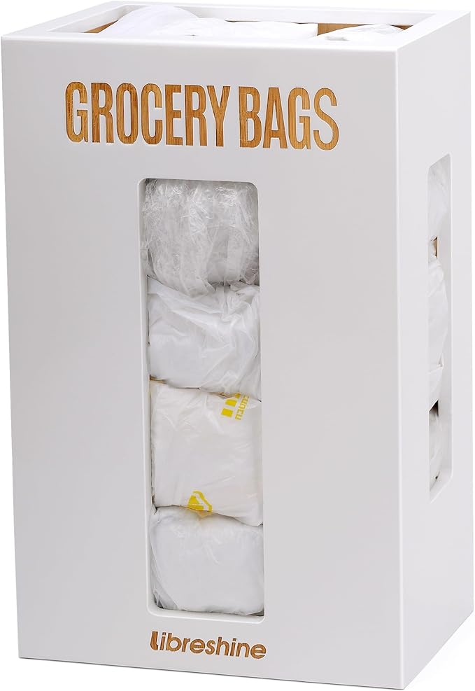 Libreshine Extra Large White Bamboo Grocery Bag Holder for Plastic Bags, Under Sink Cabinet or Wall Mounted Organizer, Space-Saving Bag Dispenser for Kitchen, Pantry, Laundry Room, Garage