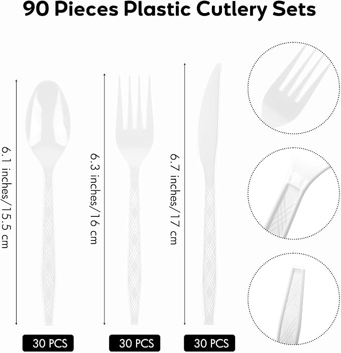 Kochorie 90 Pieces White Plastic Cutlery Set Disposable Plastic Utensils Heavy Duty Flatware Set Includes 30 Knives 30 Forks 30 Spoons for Wedding Birthday Baby Shower Party Supplies