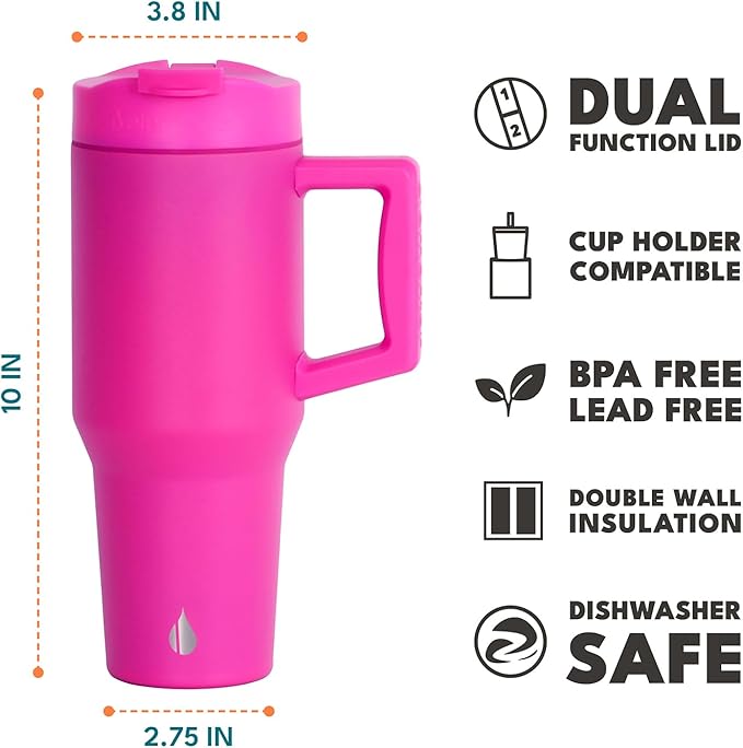 Elemental 32 oz 100% Leak Proof Tumbler with Handle & Straw - Stainless Steel Double Wall Insulated Tumbler for Hot and Cold Beverages - Travel Coffee Mug with Sip & Straw Lid - Hot Pink