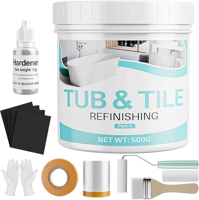 Tile Paint, 17oz Tub and Tile Paint Refinishing Kit with Tools, Easy to Use for Countertop Bathroom Bathtub Kitchen Sink, Semi-Gloss White, Low Odor，25-30sq.ft