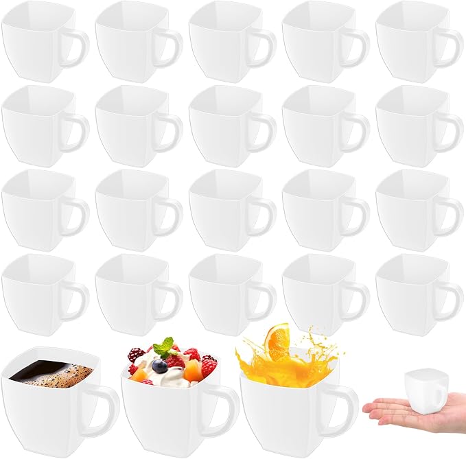 Amyhill 50 Pcs Mini Disposable Tea Cups with Handle, 2oz Hard Plastic Coffee Mug Bulk Plastic Square Disposable Espresso Cups for Wedding Tea Party Catering Dessert Sampling (White)