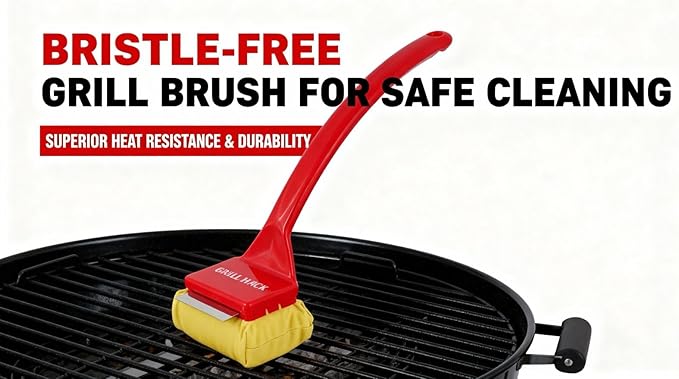 Bristle Free Grill Brush with Removable Cleaning Head, Seamless-Fit Scraper Tool for Cast Iron & Stainless Steel Grates, Safe BBQ Cleaner - Red