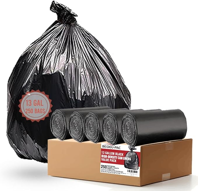 BEIDOU-PAC 13 Gallon Trash Bags, 250 Count Black Tall Kitchen Garbage bags, Multi-purpose Trash Can Bin Liners for Bathroom, Office, Industrial, Commercial, Janitorial, Municipal, Recycling