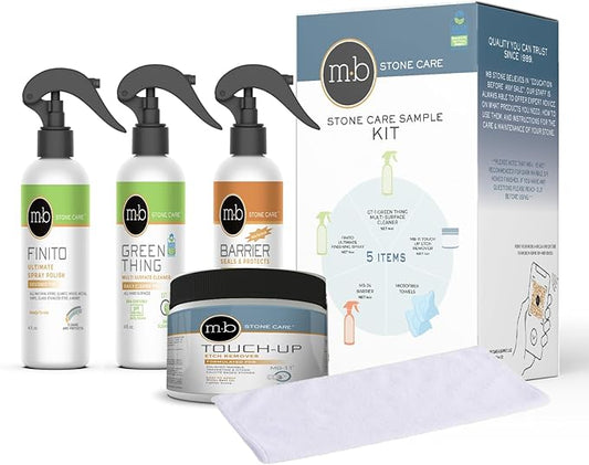 MB Stone Care Sample Kit - MB-11 Marble Etch Remover for Light to Neutral Colored Calcite Based Stone, GT-1 Green Thing, MB-24 Barrier Sealer, Finito Finishing Spray, Microfiber Towels