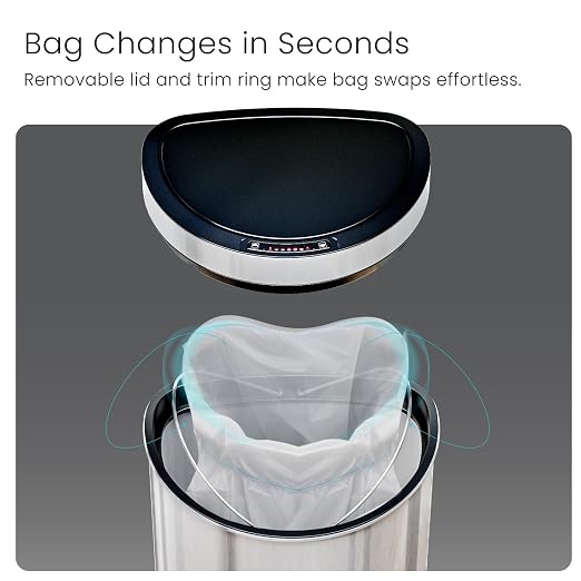 Home Zone Living 16 Gallon Motion Sensor Trash Can with Automatic Lid | Stainless Steel with Touch Control Lid, Hands-Free Operation for Kitchens, Flat Back Semi-Round Shape, Silver