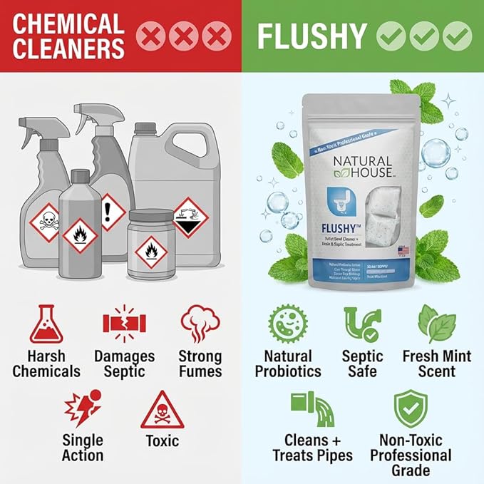 Enzyme Toilet Bowl Cleaner & Septic Treatment - Natural House Flushy - Probiotic Foaming Pods Remove Hard Water Stains, Rust, Calcium - Mint Scent - 60 Count