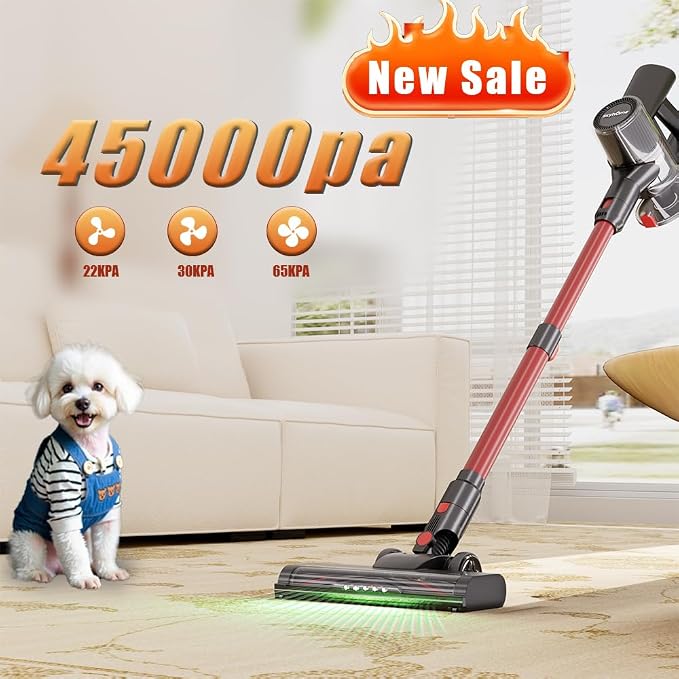 Cordless Vacuum Cleaner, Home Lightweight Cleaner with LED Display, 3 Modes 6 in 1 Stick Vacuum House Rechargeable of 45Min Detachable Battery Self-Standing Cleaner Floor Carpet Pet Hair