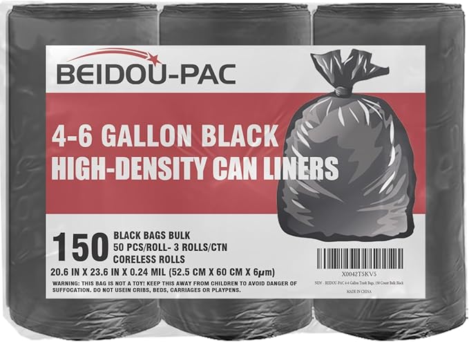 BEIDOU-PAC 4-6 Gallon Trash Bags, 150 Count Black Garbage bags, Multi-purpose Trash Can Bin Liners for Bathroom, Office, Industrial, Commercial, Janitorial, Municipal, Recycling