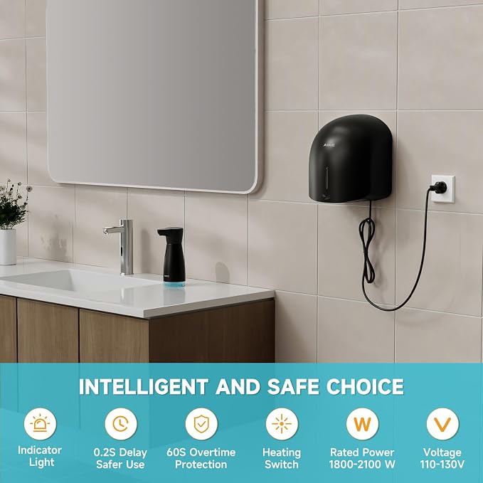 AIKE GentleAir Warm Hand Dryer,Low Noise Perfect for Home Bathrooms,Black Cover AC110V-130V,Model AK2637