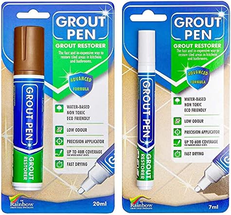 Grout Pen Tile Paint Marker: Waterproof Grout Colorant and Sealer Pen to Renew, Repair, and Refresh Tile Grout - Cleaner Coating Stain Pens - 2 Pack, 15mm Wide Brown and 5mm Narrow White Tip