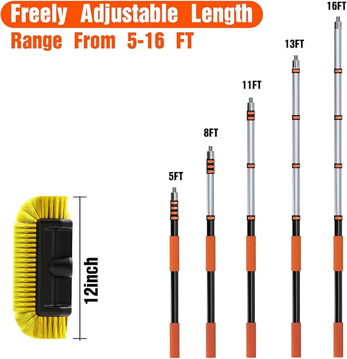 LAANPOLE 16FT Car Wash Brush with Long Handle, Car Cleaning Brush with 12 Inch Soft Bristle, Solar Panels Cleaner with Telescoping Pole for RV, Truck, Boat, House Siding