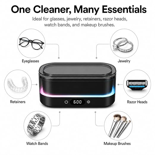Ultrasonic Cleaner for Jewelry, Glasses & Retainers, 48kHz Sonic Cleaning Machine with LED Ambient Light, Digital Timer, Quiet Deep Cleaner for Rings, Dentures & Watches（Black）
