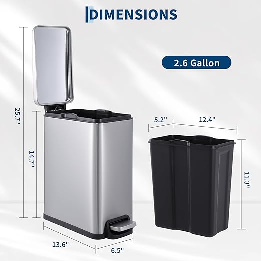 Garvee Small Bathroom Trash Can with Lid, 10 Liter / 2.6 Gallon Stainless Steel Garbage Can with Removable Inner Bucket & Step Pedal, Slim Metal Trash Bin for Toilet, Bedroom, Kitchen, Office, Silver
