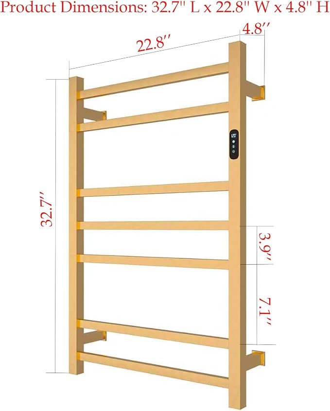 7 Bars Luxury Heated Towel Rack Wall Mounted Towel Warmers, Towel Warmer Rack for Bathroom with Timer & Temperature Multi-Level Adjustable, Hardwired and Plug-in Compatible (Brushed Gold)