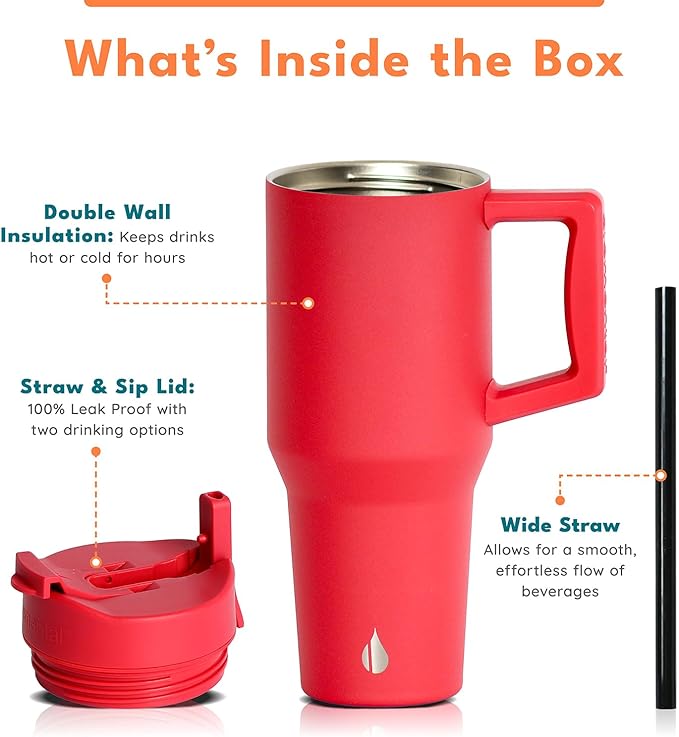 Elemental 32 oz 100% Leak Proof Tumbler with Handle & Straw - Stainless Steel Double Wall Insulated Tumbler for Hot and Cold Beverages - Travel Coffee Mug with Sip & Straw Lid - Red