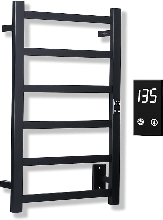 Topdattion Electric Towel Warmer | Super Thin | with Timer & Temperature Multi-Level Adjustments | Hardwired & Plug-in | 6 Bar | Matte Black Finish