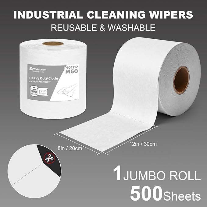 Jumbo Roll Industrial Cleaning Wipes, Lint-Free and Super Absorbent Heavy Duty Cloths, White (1 Roll of 500 Sheets, 12"x 8" Each Sheet)