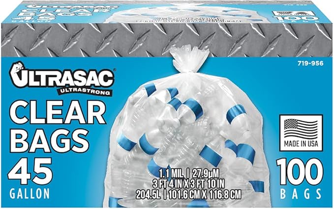 Ultrasac - Recycling Bag, 45 Gallon, 1.1 Mil, 40"x46", Clear, 100 Count w/Ties