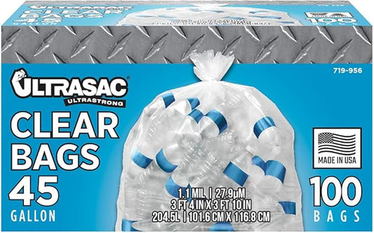 Ultrasac - Recycling Bag, 45 Gallon, 1.1 Mil, 40"x46", Clear, 100 Count w/Ties