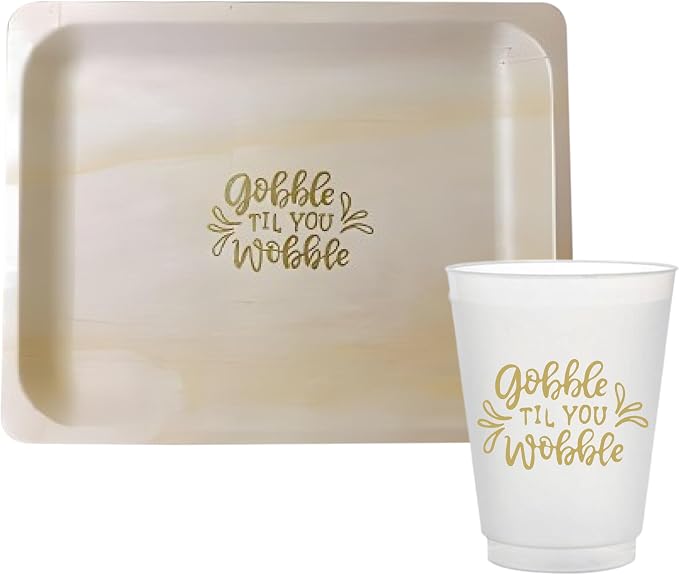 Perfect Stix Party Set includes 16oz Frost Flex Cups and 10" Wooden Plates with Gobble Till You Wobble Print - Pack of 50ct- (25ct each item)