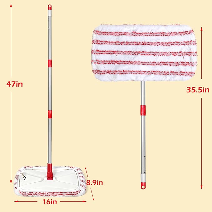 OZD Flat Mops for Floor Cleaning , with 5 Reusable 16x9in Dual-Fiber Mop Heads, Remove Stubborn Stains, Wet and Dry Use, Suitable for Hardwood, Tile, Laminate Flooring etc, Red