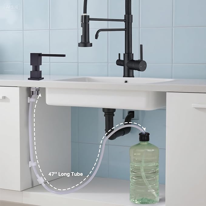 Soap Dispenser Square Built in Sinkwith 47'' Long Tube, Matte Black Brass Pump Head for Kitchen Sink with 17 oz Bottle