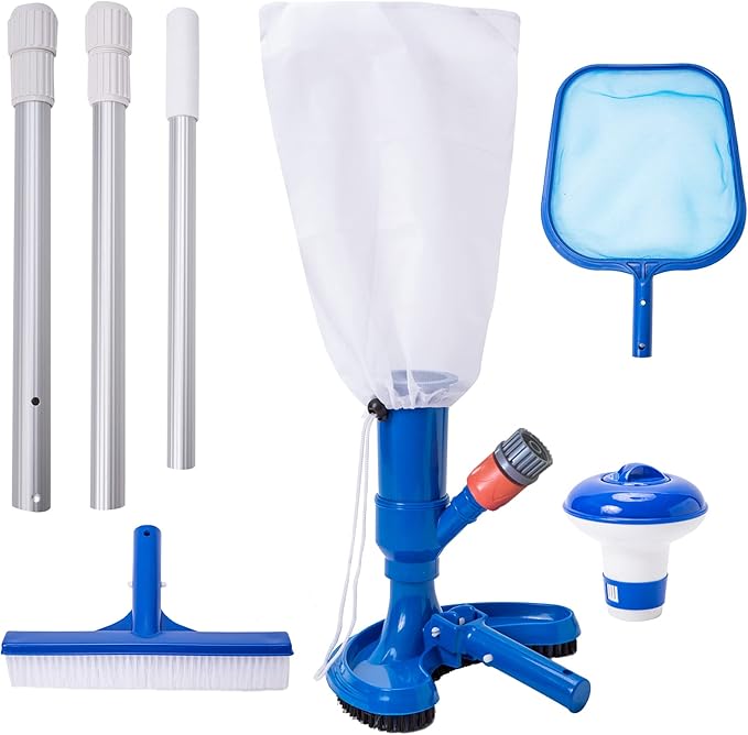 Portable Handheld Pool Vacuum with 3 - Section Pole Pool Maintenance Set Ideal for Cleaning Above Ground,Inflatable Pools spa hot tub Includes Pool Brush Pool Skimmer net Pool Chlorine Floater