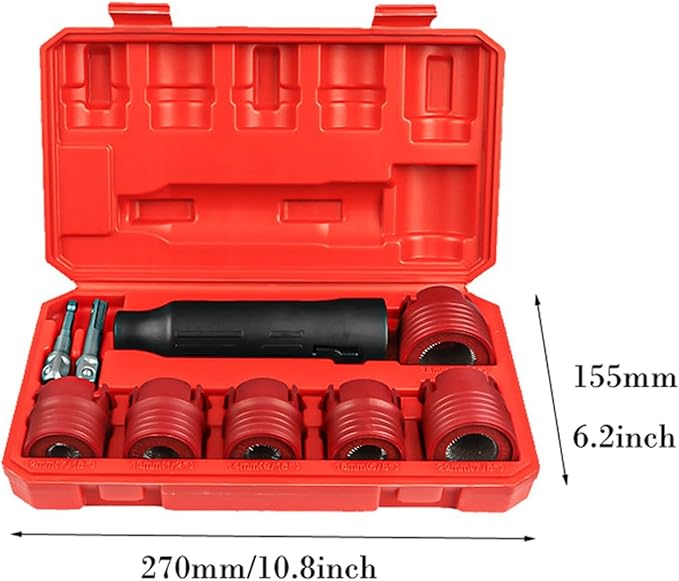 9 Piece Automotive Wheel Stud Cleaner Tool Set for Removing Rust and Debris, Includes 1/4-inch Hex to 1/2-inch Square Adapter to Allow for Use with Drills and Pneumatic Tools