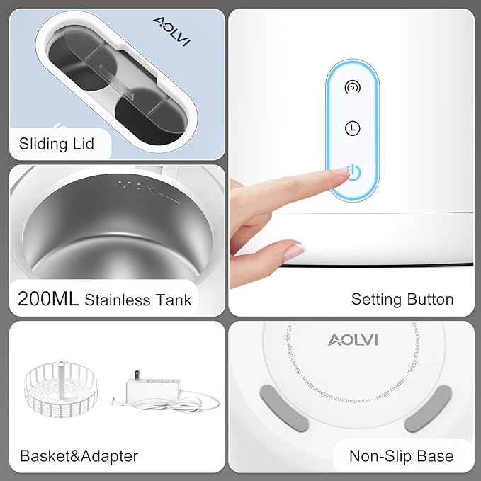 Ultrasonic Retainer Cleaner Machine, IPX6 Waterproof Denture Cleaner, 3 Modes Dental Cleaning Pod with RGB Indicator, 45kHz UV for Mouth Guards, 200ML Tank, White