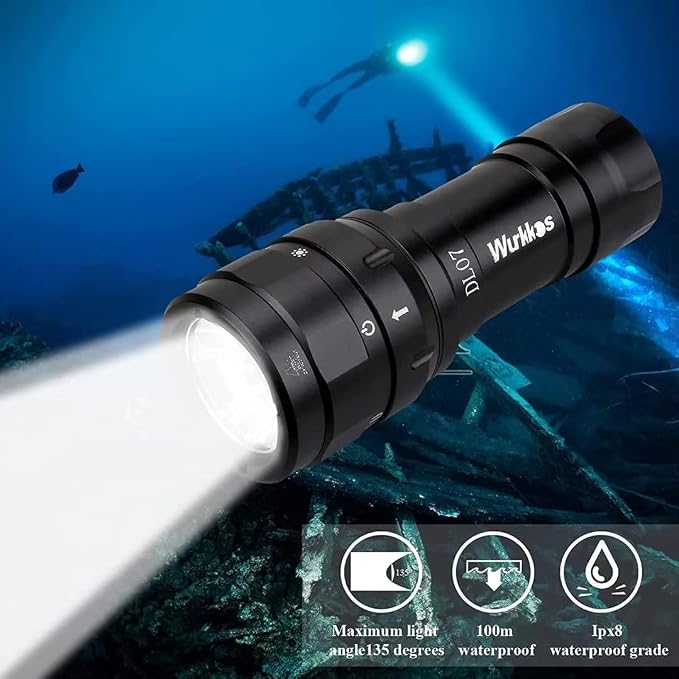 Wurkkos DL07 Dive Light 3000Lumen Underwater Video Light, White Red Violet Tri-Color, 135-Degree Wide Beam Scuba Flashlight for Dive Photography Fill Light and Fluorescent Night Diving