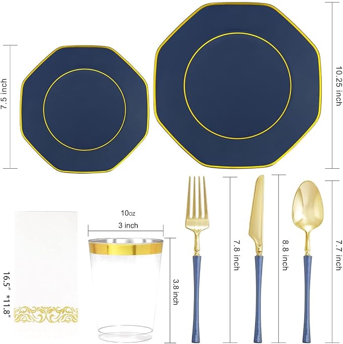 KIRE 140Pcs Blue Plastic Plates with Gold Rim - Gold Disposable Plastic Silverware with Blue Handle&Clear Cups&Hand Napkin - Geometric Party Plates for Memorial Day/Party/Graduation/Father's Day
