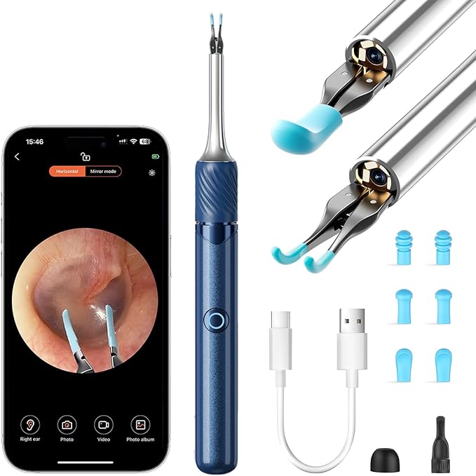 Ear Cleaner Tweezers with 6 Ear Spoon, Earwax Removal Kit with Light, Ear Cleaning kit for iOS & Android, Blue