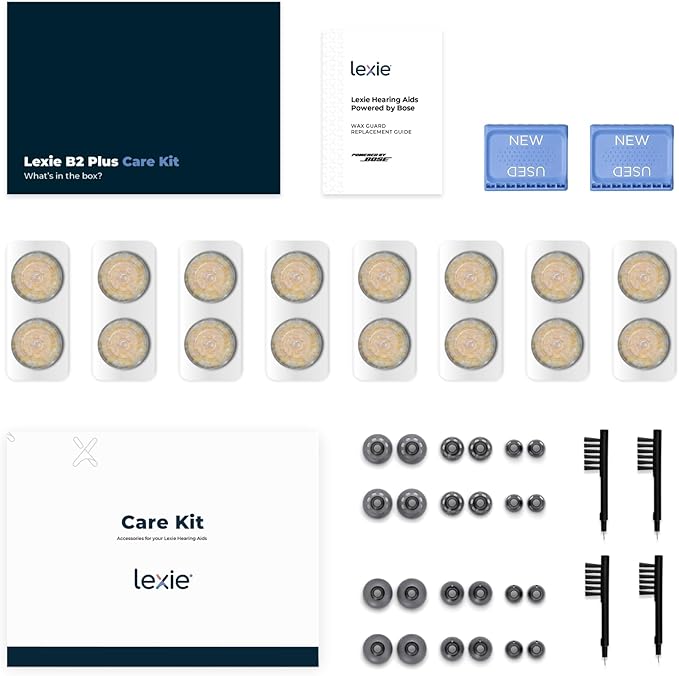 Lexie Cleaning Care Kit for B2 and B2 Plus OTC Hearing Aids Powered by Bose - Hearing Aid Care Kit Includes Cleaning Brush, Replacement Domes in 3 Sizes, Wax Guard Packs and Drying Capsules
