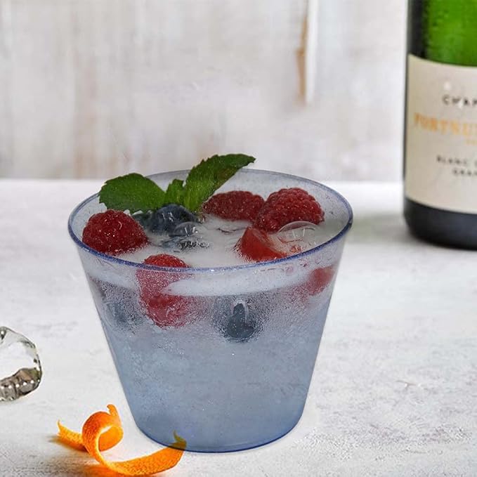 Homy Feel 9 Oz Blue Glitter Plastic Cups - 100PCS, Disposable Cocktail & Wine Cups for Wedding Party
