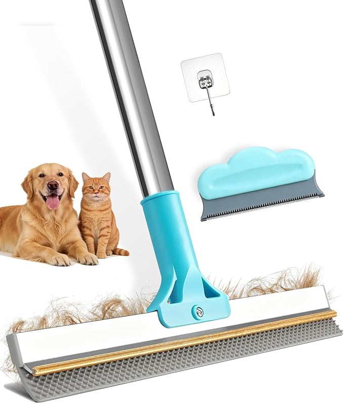 Carpet Rake for Pet Hair Removal, Upgraded Reusable Carpet Scraper Broom with 54” Adjustable Long Handle, Dual-Sided Metal & Silicone Brush, Cat & Dog Hair Remover Tool for Rugs, Mats, Stairs