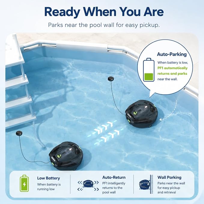 Pooloob PF1 Pro Pool Robot Vacuum with Floating Buoy & Tether, for Daily Clean Pool Maintenance Cleaner, Not for Initial or Deep Cleaning, Floor Only Cleaning for All Flat-Floor Above/In Ground Pools
