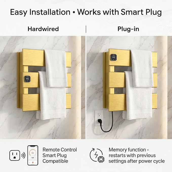 L Series Electric Towel Warmer for Bathroom, 3 Panel, Gold | Thermo Control and Timer, Fast Heat in 3 Mins, Dry Towels in 4 hrs, Memory Function, Work with Smart Plug, Left-Wiring