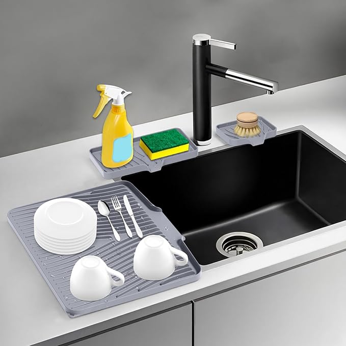 Silicone Dish Drying Mat for Kitchen Counter, Dish Drying Pad, Non-Slip Drain Pad with Built-in Drain, Heat Resistant Stone Drying Mat